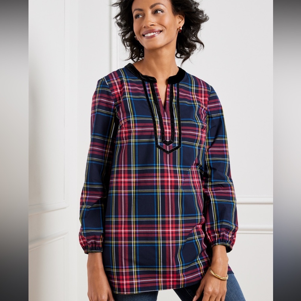 Talbots Split neck tunic cabin plaid red navy velvet trim medium m